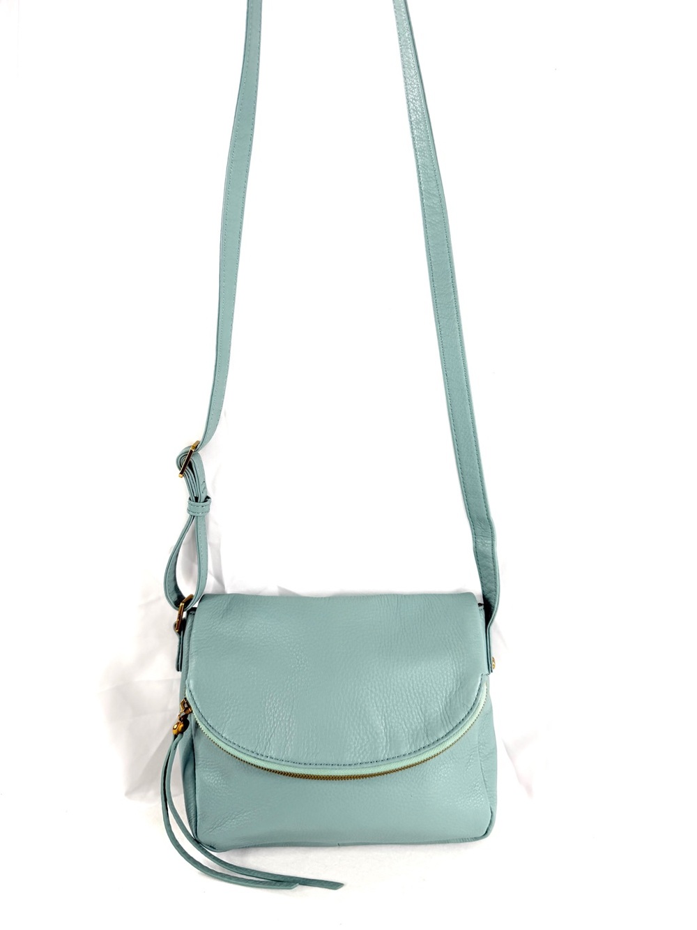 HOBO International Aqua Leather Small Crossbody Bag Fold Over Zip Flap Brass